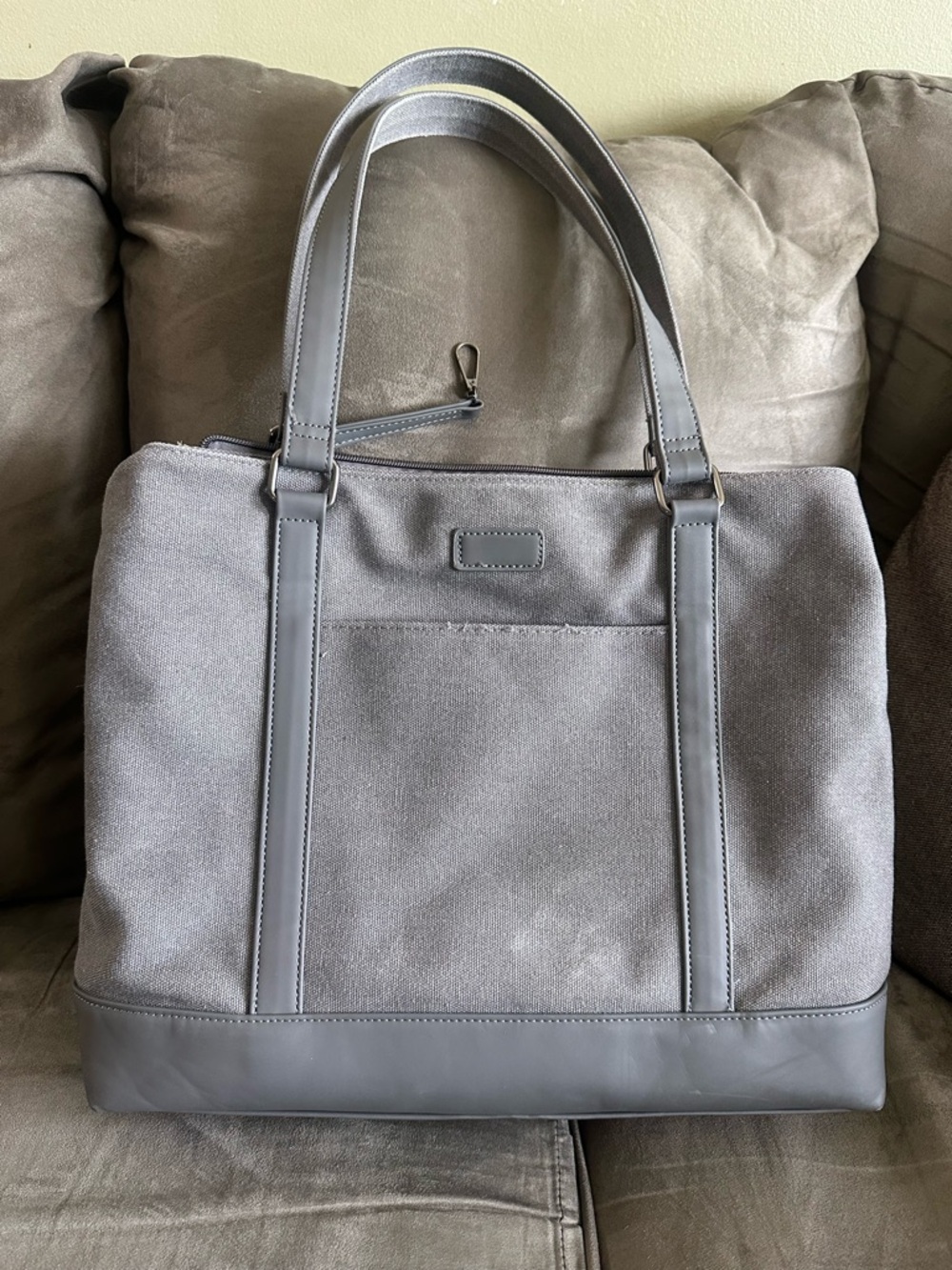 Women's Gray Canvas Laptop Tote Bag with Leather Trim